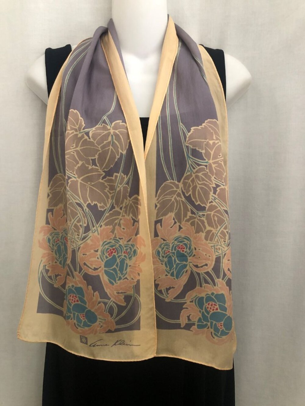 Anne Klein Vintage Silk Floral Art Nouveau Style Scarf 70s